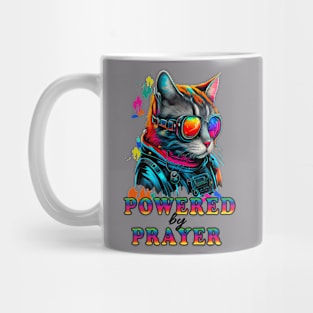 Powered by Prayer Cool Fun Retro Space Cat Christian Kitty Mug